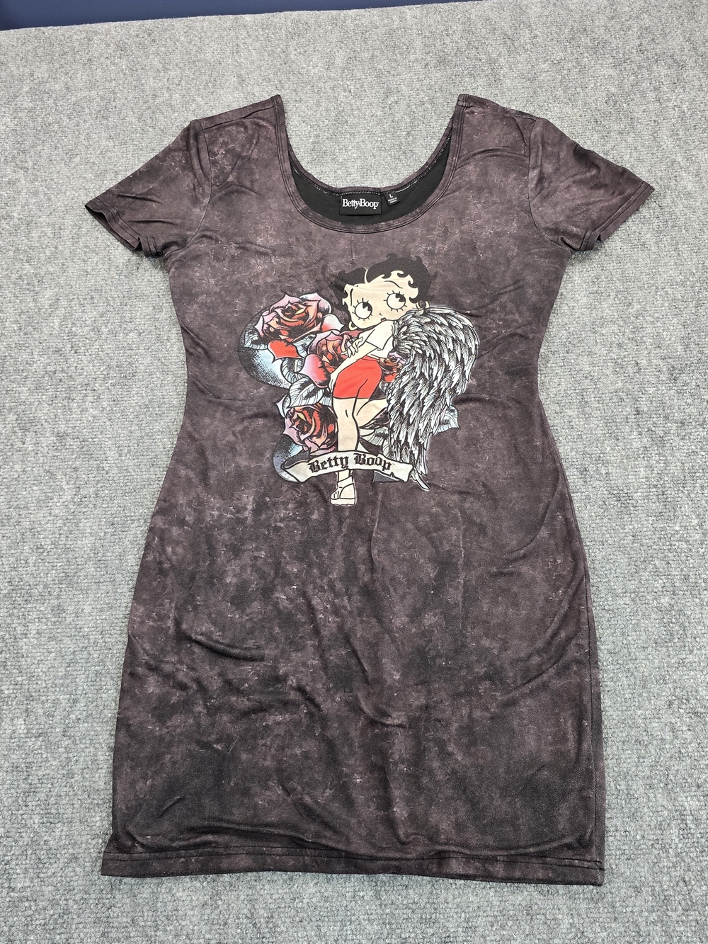 Betty Boop Tee Dress Womens Large Black Marble Graphic Angel Wings Tattoo Goth